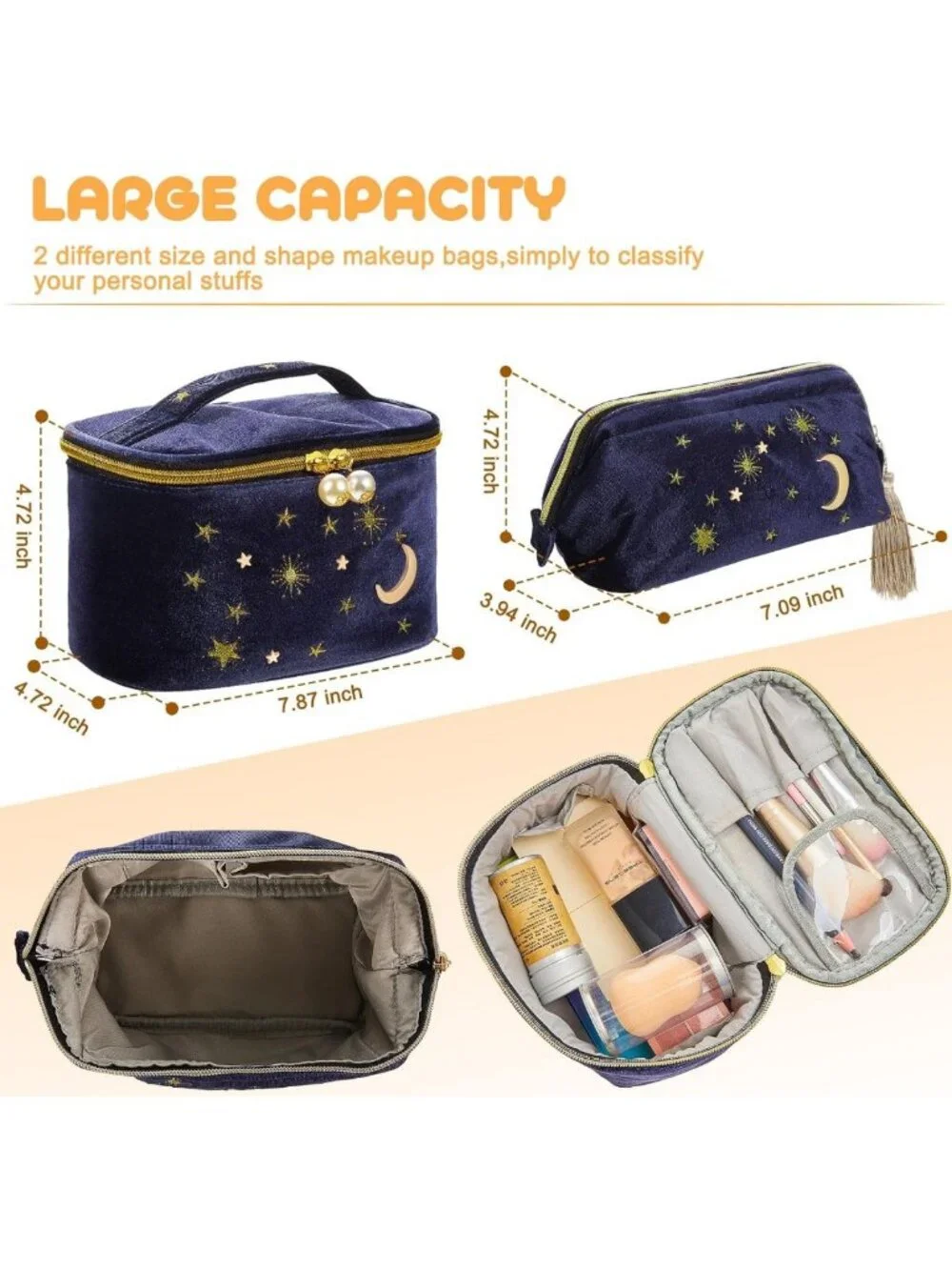 2 Pcs Velvet Cosmetic Bags - Moon & Stars Embroidered Travel Pouches for Women